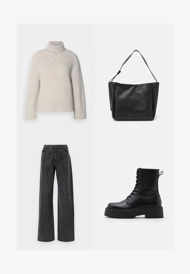 Pullover a collo alto grigio chiaro realizzato in tessuto testurizzato. Presenta un colletto e polsini a costine, con un piccolo logo sul bordo.; Noisy May NMJANNEL LOOSE - Jeans baggy - black denim; Stivaletti in pelle nera alla caviglia con punta rotonda, lace-up frontale e suola in gomma spessa con battistrada textured. Tassello sul retro.; Calvin Klein GRACIE MEDIUM - Borsa a mano - black; Orecchini a cerchio in argento con un design minimalista. Forma circolare, superficie liscia e profilo sottile. Leggeri con una finitura lucida.