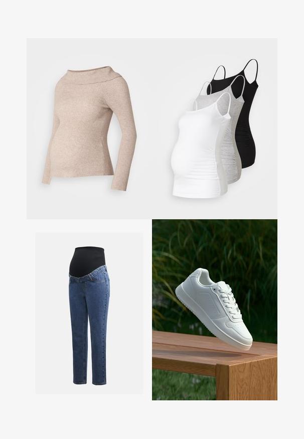 Lys beige ribbet graviditetstrøje med en bred, foldet krave og lange ærmer, designet med en tætsiddende form, der rummer en voksende mave.; Tre graviditetstoppe i hvid, grå og sort. Strækbart stof med justerbare spaghetti-stropper og sammenkrøllede sidesømme for komfort.; Graviditetsjeans med ben i blå denim og en sort strækbare abdominalpanel designet til at støtte og dække en voksende mave.; Hvid sneaker med en glat syntetisk overdel, perforeret tåboks, flade snørebånd og en tekstureret sål, præsenteret på en træoverflade.