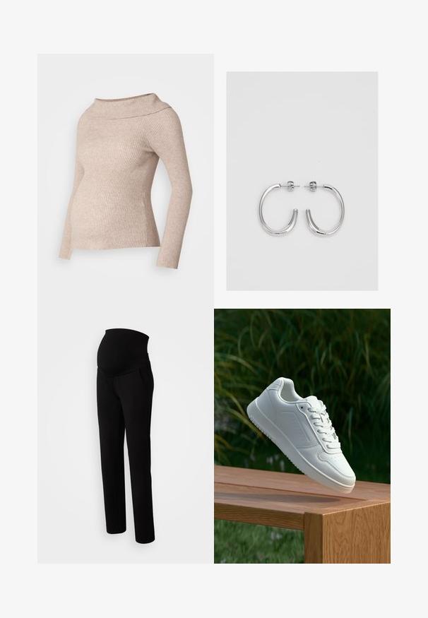 Svetlo bež pleteni materinski pulover s širokim, prepognjenim ovratnikom in dolgimi rokavi, zasnovan v prilagojeni obliki, ki ustreza rastočemu trebuščku.; Maternitetne hlače v črni barvi, z raztegljivim pasom za udobje, stranskimi žepi, ravnim krojem in mehak teksturiran material.; Bela teniska s gladkim sintetičnim zgornjim delom, perforiranim prednjim delom, ravnimi vezalkami in teksturiranim podplatom, prikazana na leseni površini.; Srebrne obročaste uhane z gladko, sijočo površino. Zaobljena oblika, lahka zasnova, z zapiranjem na zatič.