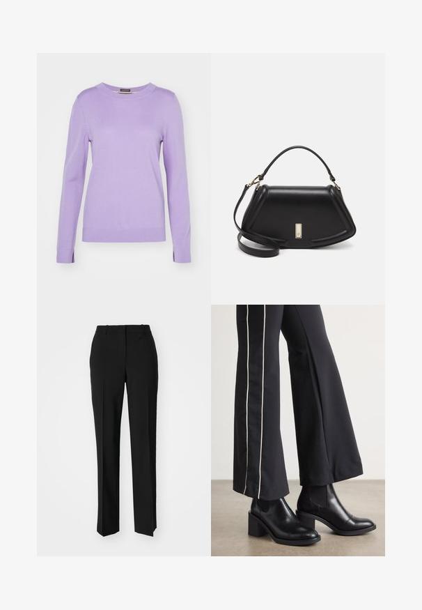 Sweater lilás de malha com mangas compridas, decote redondo e fendas laterais na bainha. Textura suave e detalhes canelados nos punhos e na bainha.; Calças pretas de corte ajustado com um design de perna reta, apresentando uma textura lisa e pregas bem definidas na frente. Sem hardware visível.; Botas de tornozelo em couro preto com um salto bloco, apresentando painéis laterais elásticos. Combinadas com calças pretas que têm uma faixa lateral branca.; Bolsa de couro preta com um design estruturado, apresentando uma forma cropped, alça superior e detalhes em metal dourado. Inclui uma alça de ombro ajustável.