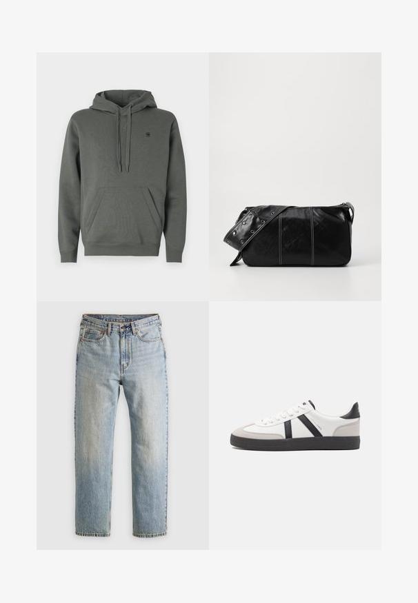 Felpa in cotone verde scuro con tasca a marsupio, cappuccio con cordino regolabile e logo discreto sul petto; texture liscia e vestibilità casual.; Jeans in denim azzurro chiaro con vita alta, bottone anteriore, cerniera e design a cinque tasche, adagiati su uno sfondo neutro.; Sneaker bianco con accenti neri e grigi, dotata di una punta grigia testurizzata, suola in gomma nera e lacci bianchi piatti. Design pulito, stile minimalista.; Borsa a spalla in pelle nera con chiusura a zip, caratterizzata da un corpo testurizzato, cuciture bianche e una tracolla con occhielli in argento.