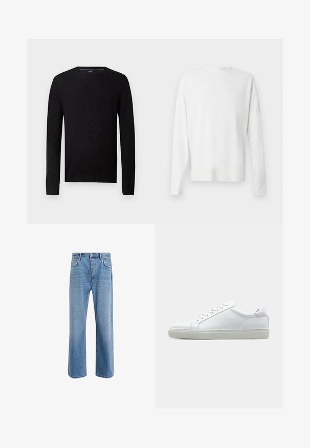Črn pulover z okroglo izrezom in dolgimi rokavi. Ima strukturiran vzorec in rebraste manšete za prilagojen videz.; Bela bombažna srajca z dolgimi rokavi in okroglo ovratnikom, z bočnimi razporki na dnu in gladko teksturo, prikazana s hrbtne strani.; Svetlo modre denim kavbojke s ravno nogavico, petimi žepi, z gumbom za zapiranje, minimalnim zbledelostjo in kontrastnimi šivi.; Bela športna obutev z gladkim usnjenim zgornjim delom in nizkim profilom. Ima zaokrožen nos, šest lukenj za vezalke in teksturiran gumijast podplat.