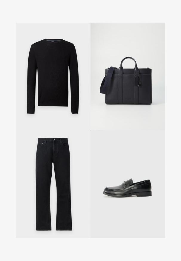 Fekete pulóver kerek nyakkivágással és hosszú ujjakkal. Texturált mintával és bordás mandzsettákkal rendelkezik a karcsúbb megjelenés érdekében.; Fekete farmernadrág egyenes szárú kialakítással, gombos záródással, öt zsebes stílussal és diszkrét varrási részletekkel.; Fekete bőrcipő, lekerekített orral, varrott mintázattal, kis elülső pánttal, fém részletekkel és lapos gumitalppal.; Sötét tengerészkék bőr aktatáska, dupla felső fogantyúval és levehető pánttal. Texturált felülettel, függőleges varrással és logó részlettel rendelkezik.