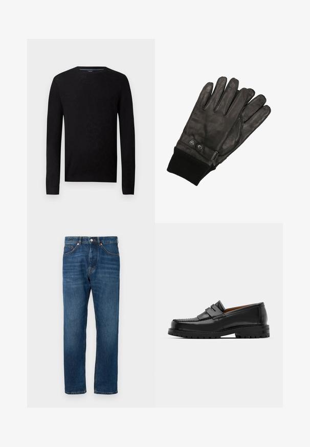 Svart genser med rund halslinning og lange ermer. Har et strukturert mønster og ribbestrikkede mansjetter for en tettsittende silhuett.; Blå denimjeans med rett benkutt, middels høyt liv og oransje sømdetaljer. Har klassisk fem-lomme-design og knappelukking.; Svart skinnloafers har en hevet søm, to dekorative stropper på oversiden, og en tykk teksturert såle for bedre grep.; Sorte lærhansker med ribbet svart strikkermanchett. Har to metallknapper og en elegant design med fem fingeråpninger.