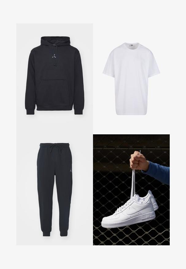 Sudadera con capucha negra hecha de una mezcla de algodón. Cuenta con un bolsillo canguro, puños acanalados y un pequeño logo blanco en el pecho.; Camiseta blanca de algodón con mangas cortas, cuello redondo, corte relajado y sin logotipos ni patrones visibles. Textura suave y diseño minimalista.; Pantalones de chándal negros hechos de tela suave, con una cinturilla elástica con cordón, puños acanalados y un pequeño logo en el muslo izquierdo.; Zapatillas de cuero blanco con perforaciones, punta redonda, suela plana y cordones gruesos, con un logo de swoosh visible y "AIR" en el talón.