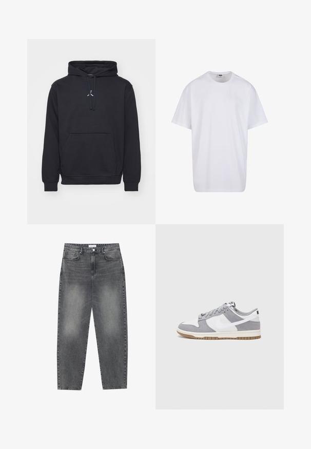 Melna kapuce džemperis, izgatavots no kokvilnas maisījuma. Tam ir kangaroo kabata, ribota aproce un mazs balts logs uz krūtīm.; Balta kokvilnas T-kreklu ar īsām piedurknēm, apaļu kakla izgriezumu, brīvu piegriezumu un bez redzamām logo vai rakstiem. Gluda tekstūra un minimālistisks dizains.; Augsta vidukļa, platā stila džinsi izbalējušā melnā denima. Ar pieciem kabatām, jostas cilpām un tīru, taisnu kāju dizainu.; Pelēki un balti sporta apavi ar zamšādas un ādas virsu, noapaļota purngala, plakaniem šņorēm un gumijas zoli ar gumijas akcentu.