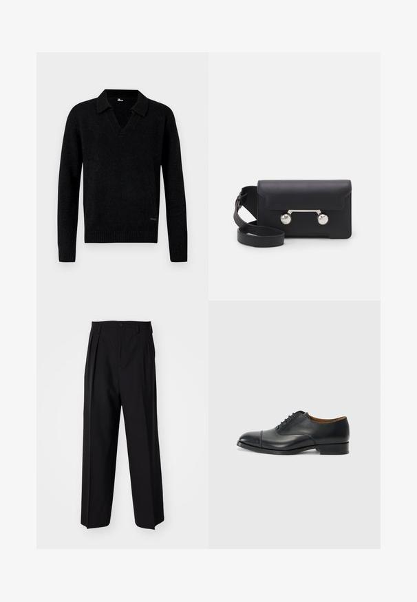 Schwarzer Strickpullover mit langen Ärmeln, V-Ausschnitt, Bündchen und Saum mit Rippstrick, vor neutralem Hintergrund präsentiert.; Schwarze, plissierte Hose mit geradem, weitem Bein. Hergestellt aus glattem Stoff, mit Knopfverschluss und Gürtelschlaufen.; Schwarze Lederoberlederschuhe mit glatter Oberfläche, abgerundetem Zeh, fünf Ösen für die Schnürsenkel und niedrigem Blockabsatz. Minimalistisches Design mit feinen Nähten.; Schwarze Leder-Umhängetasche mit Klappenverschluss, silberfarbener Hardware und zwei runden Akzenten. Verfügt über einen abnehmbaren Schulterriemen. Glatte Textur.