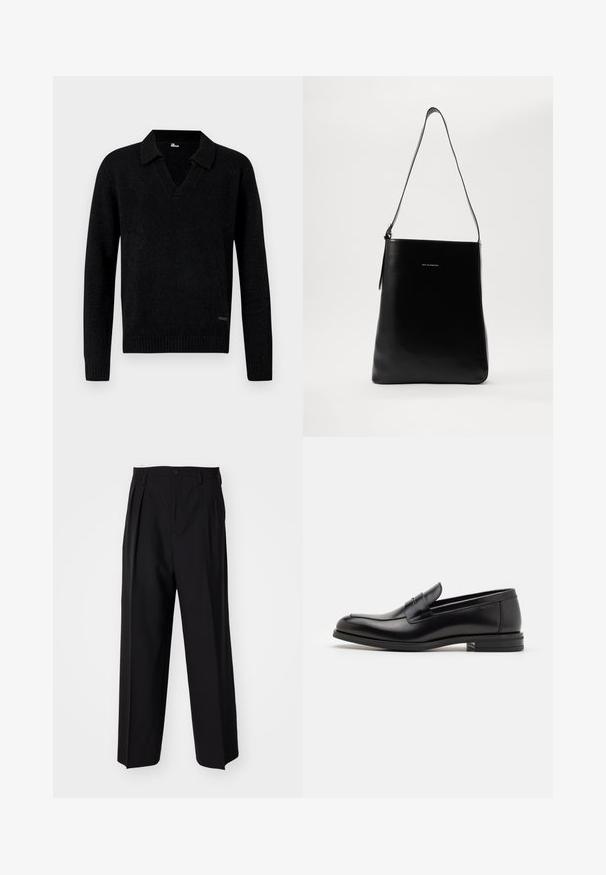 Pull en tricot noir à manches longues avec col en V et poignets et ourlet côtelés, présenté sur un fond neutre.; Pantalons plissés noirs avec un design droit et large. Fabriqués en tissu lisse, avec une fermeture à bouton et des passants de ceinture.; Mocassins en cuir noir avec une texture lisse, bout rond et une sangle décorative sur le dessus. Talon bas empilé, design minimaliste.; Sac à épaule en cuir noir avec une texture lisse, de forme rectangulaire et une longue bandoulière ; présente un petit logo blanc au centre.