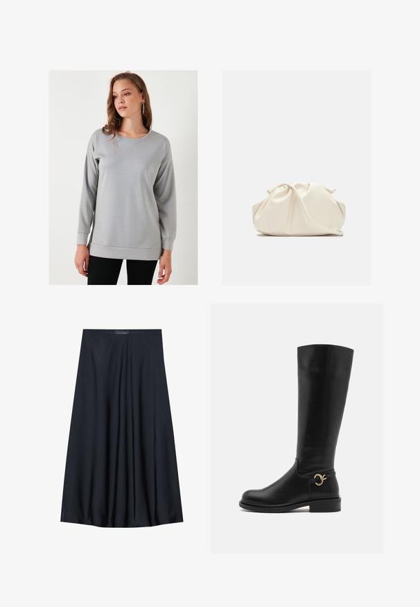 Szürke, hosszú ujjú pulóver kerek nyakkal, laza fazonnal és bordázott mandzsettákkal, puha, sima anyagból készült.; Fekete, térdig érő szoknya könnyű anyagból, laza formával. Simább textúrával rendelkezik, és finom redők díszítik a részleteket.; Anna Field Wide Fit Csizmák - black; Krém színű, puha műbőr táska, összegyűrt dizájnnal, állítható pánttal és diszkrét húzózsinóros záródással. Sima felület és lekerekített forma.