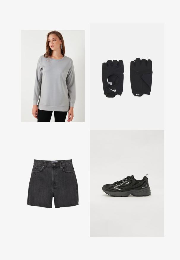 Hanorac gri cu mânecă lungă, guler rotund, croială lejeră și manșete ribbate, realizat dintr-un material moale și neted.; Shorts negri din denim cu tiv brut, buzunare frontale și închidere cu un buton în față. Materialul are o textură ușor uzată.; Pantof sport negru cu partea superioară din plasă și material sintetic, siluetă curbată, talpă din cauciuc și accente reflective pe laterale.; Mânuși negre fără degete, dintr-un material elastic, cu un design cu palmă deschisă, accente pentru prindere și logo-ul Nike în alb.