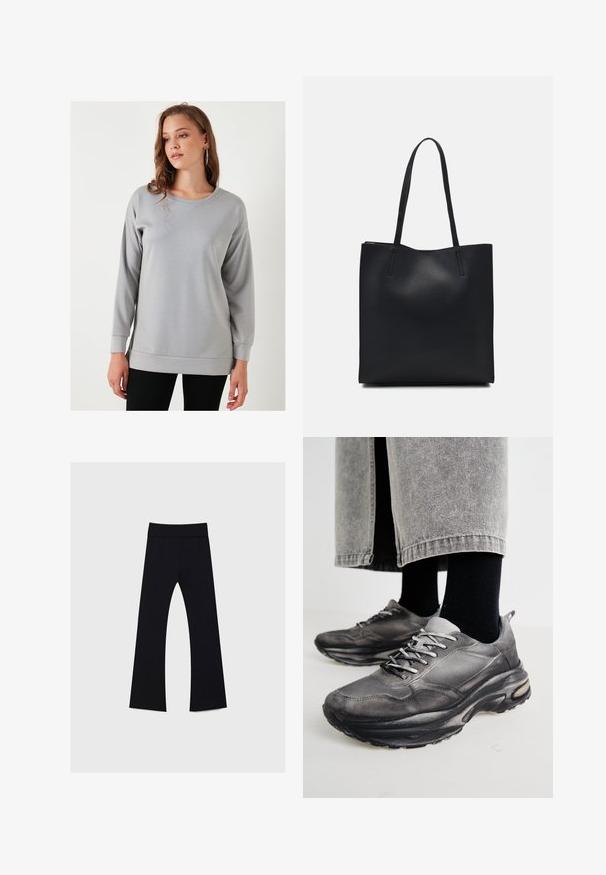 Felpa grigia a maniche lunghe con collo rotondo, vestibilità rilassata e polsini a coste, realizzata in tessuto morbido e liscio.; Pantaloni yoga neri con vita alta, realizzati in tessuto elastico, presentano un design a gamba svasata e una superficie liscia in tutto il capo.; Le scarpe da ginnastica nere e grigie presentano una tomaia in rete, suole spesse e lacci. Hanno una punta arrotondata e un dettaglio di ammortizzazione visibile.; Borsa tote in pelle nera con texture liscia, forma rettangolare e due manici lunghi. Nessun hardware o decorazione visibile.