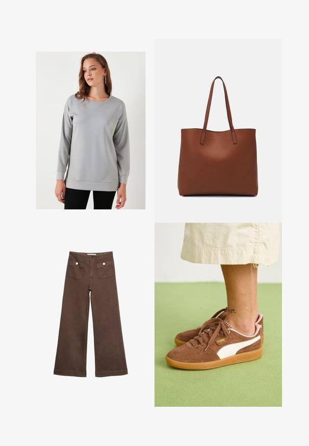 Siva dugih rukava majica sa okruglim izrezom, opuštenog kroja i rebrastim manžetama, izrađena od mekog, glatkog materijala.; Smeđe široke hlače od pamuka, s dva prednja džepa sa srebrnim dugmadima i glatkom teksturom.; Smeđi nubuk tenesici s bijelim akcentom, gumeni potplat i ružičasti petni dio. Strogi vezovi i detalji oznake vidljivi. Tetovaža na gležnju djelomično vidljiva.; Smeđa kožna torba preko ramena s glatkom teksturom, otvorenim vrhom i dvjema naramenicama. Ima minimalne šavove i nema vidljivog hardvera.