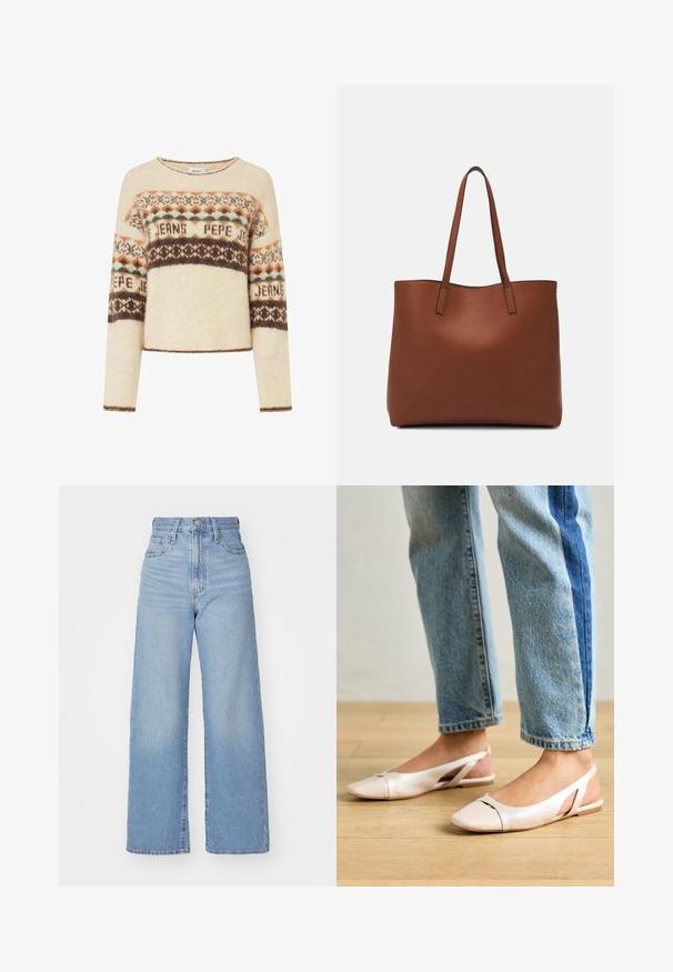 Krämfärgad tröja med långa ärmar, prydd med ett geometriskt stickat mönster i brunt, orange och teal. Rund halsringning och kort design.; Ljusblå högmidjade vida jeans med knapp- och dragkedjestängning, fram- och bakfickor, mot en vit bakgrund.; Ljust rosa slingback-lägenheter med spetsig tå, tillverkade av ett slätt läderliknande material. Har utskurna detaljer på sidorna och en platt häl.; Brun läder tote-väska med en slät textur, öppen toppdesign och två axelremmar. Har minimal söm och ingen synlig metalldetalj.