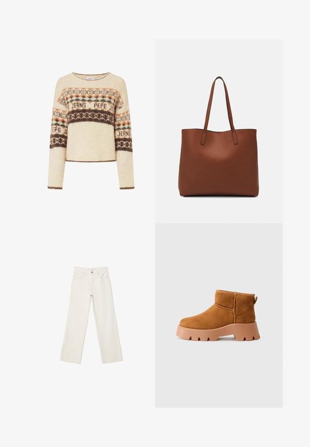 Kreemivärvi kampsun pikkade varrukatega, millel on geomeetriline kudumis muster pruunis, oranžis ja teal värvuses. Ümmargune kaelus ja lühikesed disain.; Valkoiset leveälahkeiset farkut, joissa on korkea vyötärö, etutaskut ja nappihytti. Puhtaan muotoilun minimalistisilla yksityiskohdilla.; Vaaleanruskeat nubuck-nilkkurit, joissa on pyöreä varvas, teksturoitu ruskea pohja ja vetotuki. Ominaisuuksina on ommeltu sauma ja paksu pohjarakenne.; Ruskea nahkainen olkalaukku, jossa on sileä pinta, avoin yläosa ja kaksi olkahihnaa. Omaavat vain minimaalisen ompelun eikä näkyvää metalliosaa.