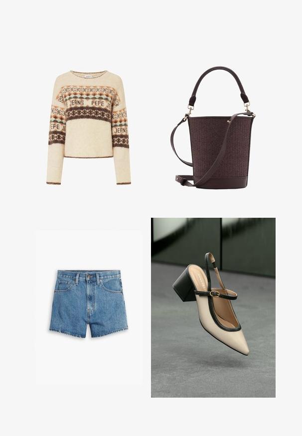 Kremowy sweter z długim rękawem, zdobiony geometrycznym wzorem na plecionce w odcieniach brązu, pomarańczu i turkusu. Okrągły dekolt i krótki krój.; Jasnoniebieskie szorty dżinsowe z pięcioma kieszeniami, z zamkiem błyskawicznym i zapięciem na guzik. Rant jest postrzępiony, a krój jest luźny.; Beżowe buty typu slingback z ostrym noskiem, czarnym wykończeniem, złotą klamrą i grubym obcasem na szarym podłożu z ciemnozielonym tłem.; Brązowa pleciona torba typu wiaderko z gładkim skórzanym dnem, górnym uchwytem i regulowanym paskiem na ramię. Posiada złote akcenty sprzętowe.