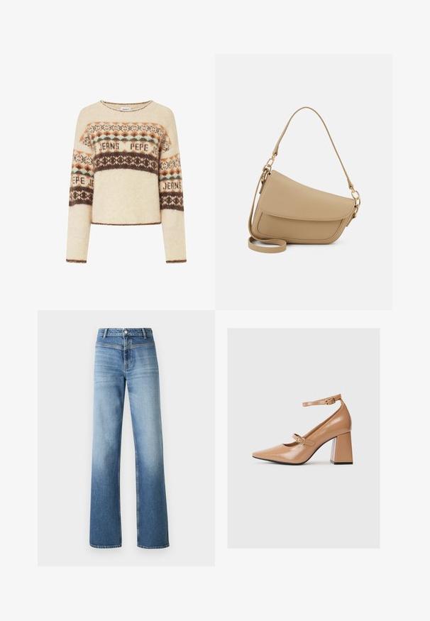 Maglione color crema con maniche lunghe, caratterizzato da un motivo a maglia geometrico in marrone, arancione e teal. Collo rotondo e design cropped.; Jeans in denim blu chiaro con vita alta, design a gamba dritta, lavaggio sbiadito e stile classico a cinque tasche. Completati con chiusura a bottone.; Décolleté in vernice beige con punta affusolata, cinturino alla caviglia e tacco squadrato chunky. Texture liscia con finitura lucida.; Even&Odd Borsa a mano - beige