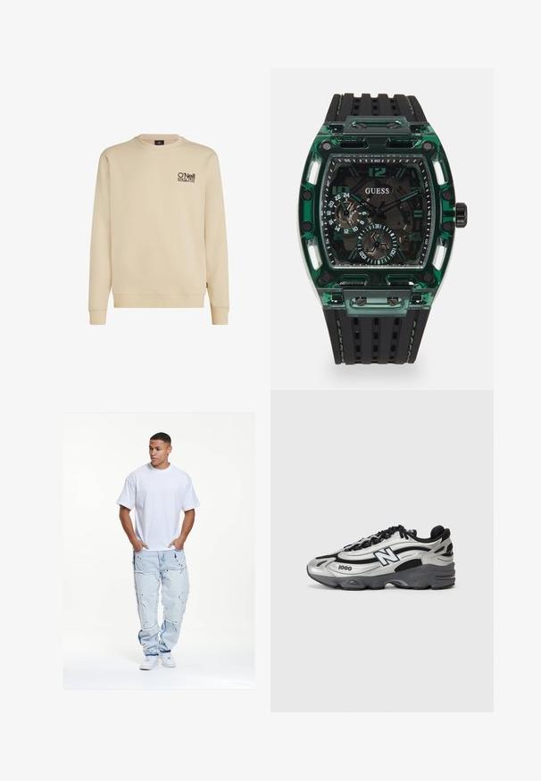 Beige sweatshirt met ronde hals, gemaakt van een katoenmix, met een klein zwart logo op de borst. Ribgebreide manchetten en onderkant completeren het ontwerp.; Witte katoenen t-shirt, losse pasvorm, gecombineerd met lichtblauwe versleten denim jeans met rafelige randen en zwarte verfspatten.; Zilveren en zwarte sportschoenen met een bovenwerk van mesh, een gevoerde zool, vetersluiting en een zijlogo.; Guess horloge met een rechthoekige groene plastic behuizing, een zwarte rubberen band met textuur, en meerdere wijzers met vetgedrukte cijfers en accenten.
