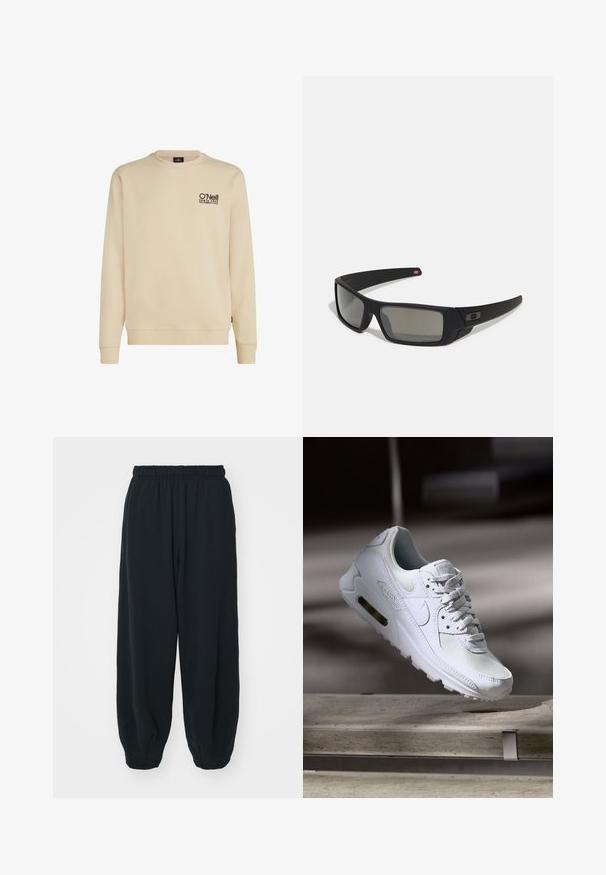 Beige crewneck sweatshirt i bomullsblandning, med en liten svart logotyp på bröstet. Ribbstickade ärmslut och nederkant fullbordar designen.; Svarta, elastiska sweatpants med lös passform, mudd vid anklarna, slät textur och utan synliga mönster eller detaljer i metall.; Vita Nike Air Max 90 sneakers med en ovandel i mesh och läder, perforerad tåbox och en synlig luftenhet i hälen.; Svarta solglasögon med matt yta, rektangulära linser, lätt kurva vid skalmarna, diskret logotypdetalj och rökfärgade linser.
