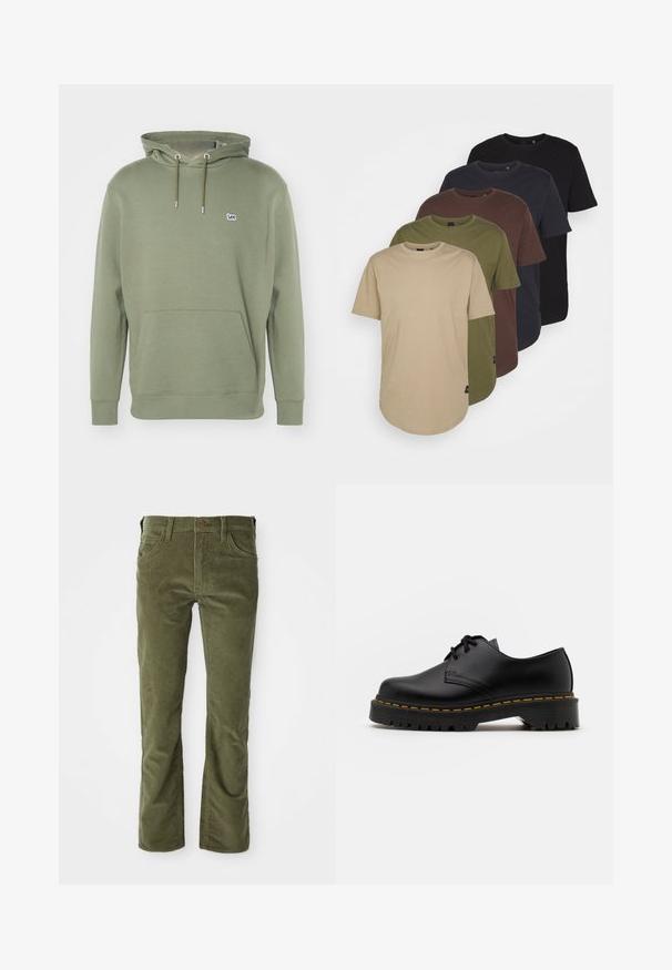 Sweatshirt verde oliva feito de um tecido macio e texturizado. Apresenta um bolso frontal, cordões e um pequeno logótipo no canto superior esquerdo.; Cinco t-shirts dispostas em cores em gradiente: bege, oliva, castanho, azul escuro e preto. Feitas de algodão macio com mangas curtas e gola redonda.; Calças de veludo cotelê verde-oliva com bolsos frontais, passantes para cinto, fecho com botão e ligeira forma flared nas aberturas das pernas.; Sapato de pele preta com atacadores, bico arredondado, sola de borracha texturizada e costura amarela à volta da base. Design plano e acabamento liso.