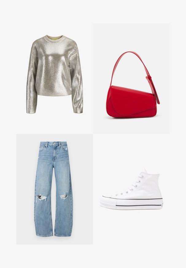 Metallisk sølvfarget genser med teksturert strikkedesign, rund hals og ribbestrikket mansjetter. Lett og litt oversized passform.; Lyseblå høytlivsjeans laget av denim. Har vide bein, to revne knær og klassisk fem-lommers design.; Hvit høy-skinn kanvas sneakers med svart gummisåle, gummitåhette foran og seks hull for snorer, med et rent, minimalistisk design.; Rød lærveske med en vinklet, geometrisk design. Har en enkelt justerbar stropp og en klaffelukking med sydd detaljer.