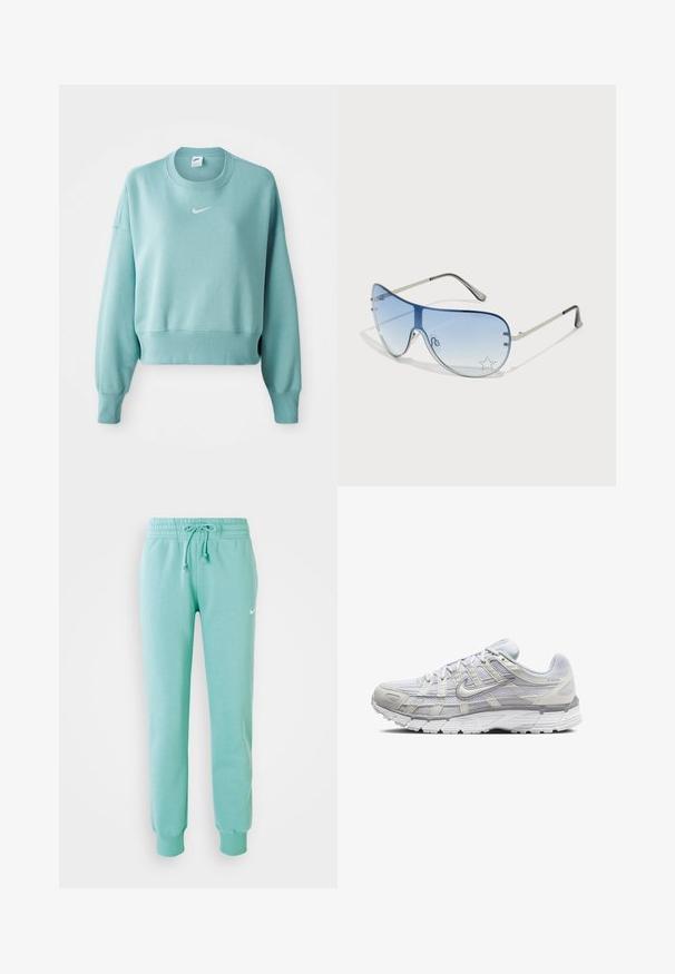 Ljus teal kort sweatshirt tillverkad av mjukt tyg, med en ribbad nederkant, långa ärmar och en vit Nike-logotyp på bröstet.; Myntgröna sweatpants med elastisk midja, dragsko och ribbade ärmar. Har en liten vit Nike-logotyp på vänster lår.; Ljust grå sportskor med ovandel i mesh och syntetmaterial, med snörning, vadderad krage och texturerad sula för grepp.; Pilotglasögon med gradientblå linser, silverfärgad metallram och dekorativa stjärnaccenter på linserna. Snygg och elegant design.