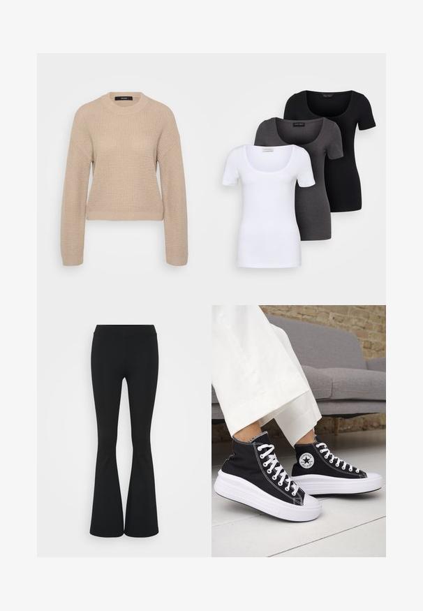 Maglione lavorato a maglia beige con scollatura rotonda, maniche lunghe e vestibilità cropped. Il tessuto testurizzato presenta una sottile fantasia a coste.; Tre T-shirt aderenti in bianco, grigio e nero. Ognuna presenta un ampio scollo a barca e maniche corte. Realizzate in un tessuto morbido e elastico.; Pantaloni neri a zampa d'elefante realizzati in tessuto elasticizzato, con una vita alta e una superficie liscia. I pantaloni si allargano a partire dal ginocchio.; Sneakers nere alte con suole e lacci in gomma bianca. Presentano una toppa con logo rotondo e cuciture a contrasto bianche. Materiale in tela.