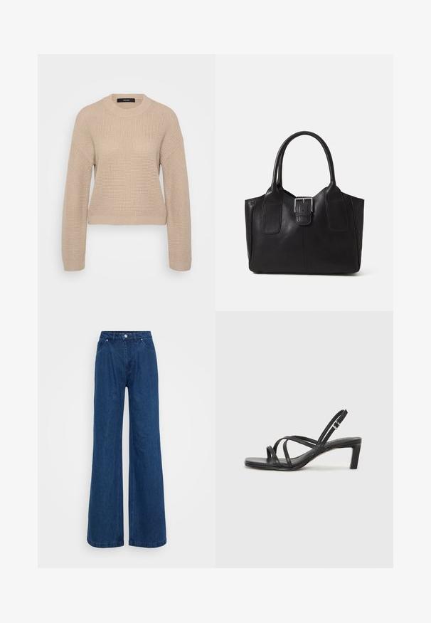 Bežs tamborēts džemperis ar apaļu kakla izgriezumu, garām piedurknēm un īsu piegriezumu. Audumam ir teksturēta virsma ar smalku ribu rakstu.; Melnā apģērbojamo crew-neck T-kreklā, izgatavotā no kokvilnas, ir īsas piedurknes un brīvs piegriezums. Gluda tekstūra bez redzamām rakstām vai akcentiem.; Platas kājas zila denim bikses ar augstu jostasvietu, priekšējo pogu un slēgšanu ar rāvējslēdzēju, kā arī priekšējām un aizmugurējām kabatām uz vienkārša fona.; Melnas strappy sandales ar kvadrātveida purngaliem un zemu bloku papēdi. Ievērojamas ar vairākiem plāniem siksniņām un regulējamu potītes siksniņu. Izgatavotas no gludas ādas.; Melnas ādas somiņa ar gludu tekstūru, strukturētu formu, divām rokturām un izteiktu sudraba sprādzi priekšpusē.