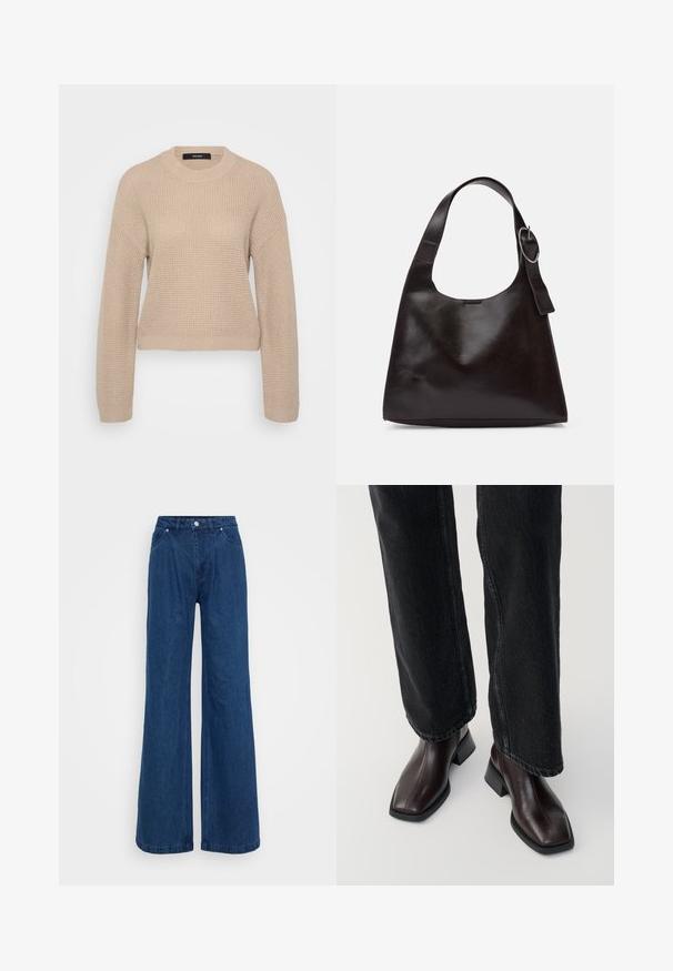 Maglione lavorato a maglia beige con scollatura rotonda, maniche lunghe e vestibilità cropped. Il tessuto testurizzato presenta una sottile fantasia a coste.; Jeans in denim blu a gamba larga con vita alta, chiusura frontale con bottone e zip, e tasche anteriori e posteriori su uno sfondo semplice.; Stivali in pelle marrone fino alla caviglia con punta quadrata e tacco a blocco, abbinati a jeans neri a gamba larga. Texture liscia e design minimalista.; Borsa a spalla in pelle marrone con una texture liscia, forma arrotondata, ampia tracolla e un accento metallico circolare sul manico.