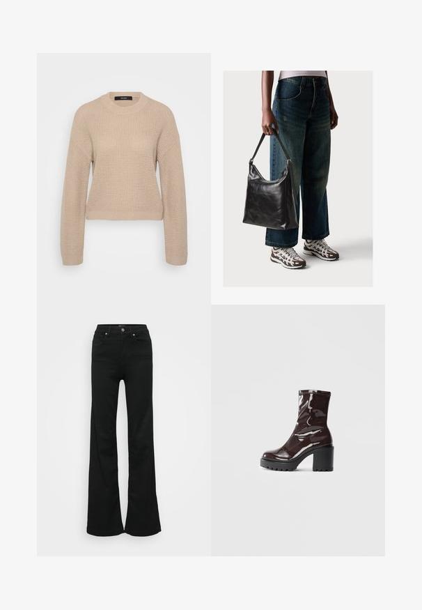 Bež pletena svetilka z okroglim izrezom, dolgimi rokavi in skrajšanim krojem. Teksturna tkanina ima subtilen rebrast vzorec.; Črne razširjene kavbojke iz denima, z visokim pasom, petimi žepi in kovinskim gumbom za zapiranje. Gladka tekstura z minimalnimi detajli.; Sijajan škrlatank z bleščečim videzom, z masivnim črnim peto, ki se ponaša z gladko teksturo in preprostim dizajnom. Brez vidnih zapenjal ali vzorcev.; Črna usnjena torba za ramo z gladko teksturo in nastavljivim trakom, v kombinaciji z zbledelimi širokimi hlačami in športnimi supergami.