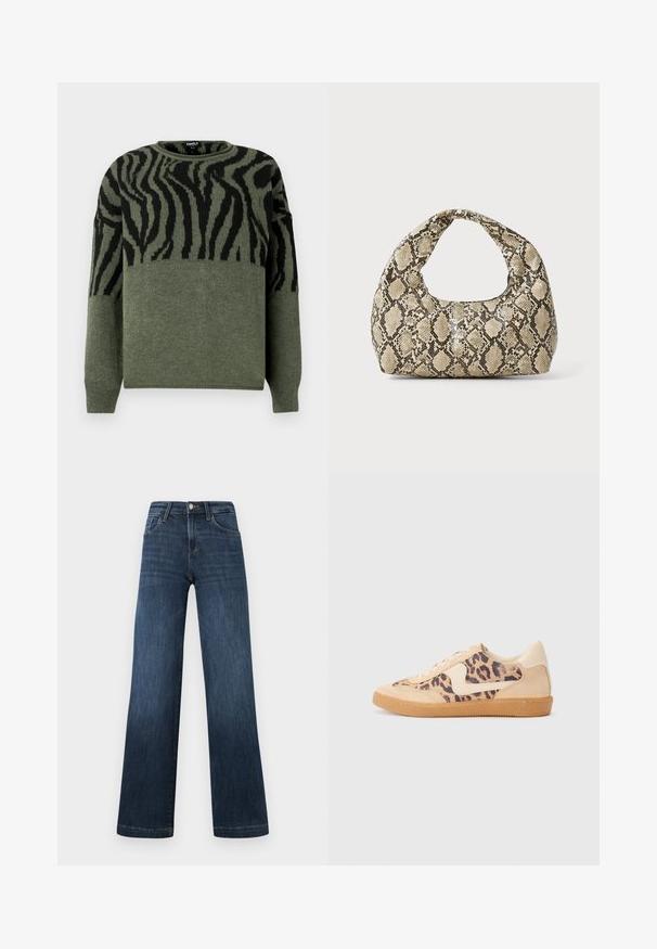 Maglione a righe zebra in verde scuro e nero, texture a maglia, collo a giro, maniche lunghe, con un design a contrasto nella parte superiore.; Jeans in denim blu scuro con un design a gamba larga, dotati di cinque tasche e chiusura anteriore con bottone. Texture liscia e dettagli di cucitura classica.; Sneakers in stampa leopardata con parte superiore in suede beige, suola in gomma color caramello e dettagli bianchi. Punta rotonda e design con lacci, con una finitura testurizzata.; Borsa a stampa rettile con manico curvo. Realizzata in materiali testurizzati beige e marroni, presenta un distintivo motivo a rombi.