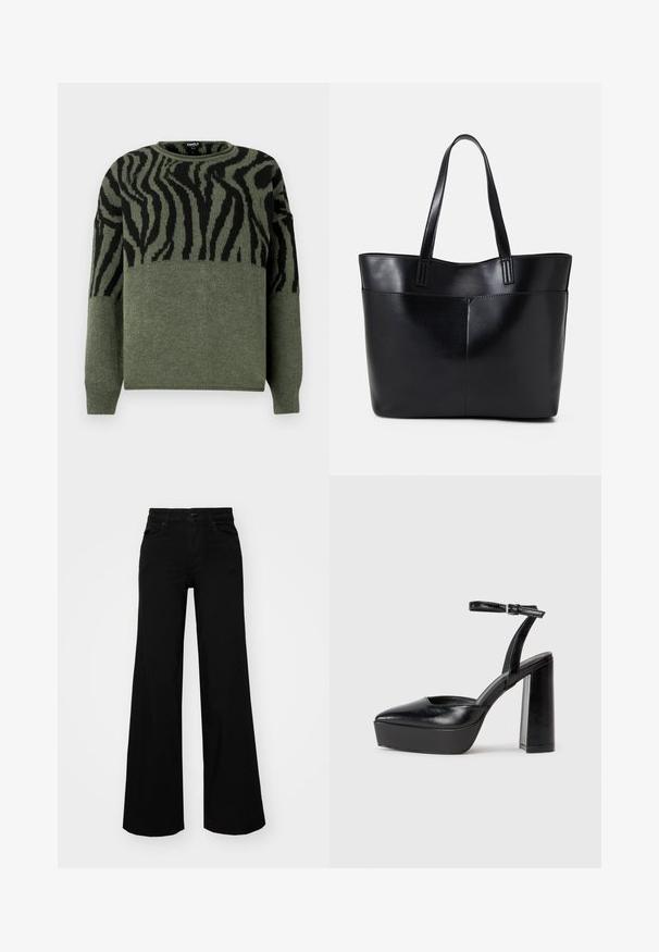 Maglione a righe zebra in verde scuro e nero, texture a maglia, collo a giro, maniche lunghe, con un design a contrasto nella parte superiore.; Pantaloni neri a gamba larga in denim, con una vita strutturata, passanti per la cintura e tasche frontali. Texture liscia con un design classico.; Tacchi a piattaforma neri con punta appuntita e cinturino regolabile alla caviglia. Realizzati in pelle liscia, presentano un tacco a blocco spesso.; Borsa a tracolla in pelle nera con due manici lunghi, una texture liscia e una forma strutturata. Presenta una tasca frontale per ulteriore spazio di archiviazione.