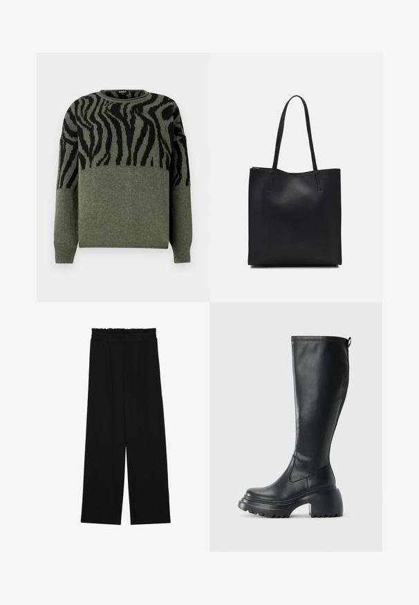 Pulover cu model de zebra în verde închis și negru, textură tricotată, guler rotund, mâneci lungi, având un design contrastant în secțiunea superioară.; Pantaloni largi negri cu un tiv volant, cu două buzunare laterale și un material neted, ușor. Fără modele vizibile sau accesorii.; Cizme lungi din piele neagră cu talpă platformă masivă și tocul pătrat, având un tab de tragere și un model texturat pe talpa exterioară.; Geantă tote neagră din piele, cu textură netedă, formă rectangulară și două mânere lungi. Fără hardware vizibil sau ornamente.
