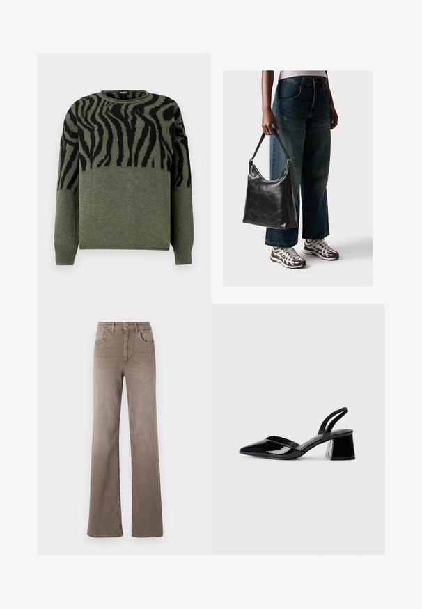 Svetari zebrastog uzorka u tamnozelenoj i crnoj boji, pletena tekstura, okrugli izrez, dugi rukavi, sa kontrastnim dizajnom na gornjem delu.; Kuhun ruskeat korkeavyötäröiset suorat farkut etuvipusella, vyölenkeillä ja klassisella viiden taskun muotoilulla valkoista taustaa vasten.; Mustat patentoitu nahkakengät, joissa on säären takaosa ja terävä kärki, sekä geometrinen palikkakorko. Sisältää tyylikkään, minimalistisen muotoilun ja sileän pinnan.; Musta nahkainen olkalaukku, jossa on sileä pinta ja säädettävä hihna, yhdistettynä haalistuneisiin leveälahkeisiin farkkuihin ja urheilukenkien kanssa.