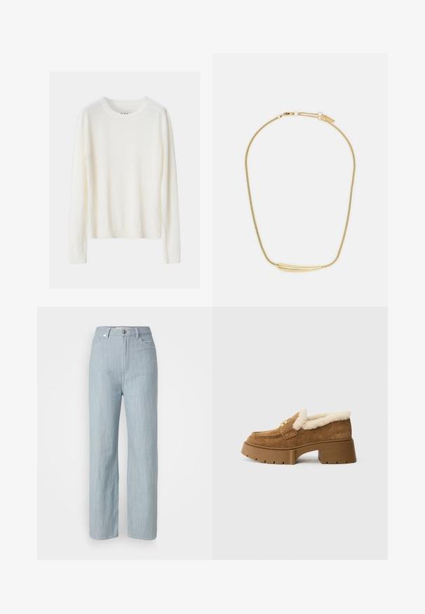 Pull léger de couleur crème avec des manches longues, col et ourlet inférieur côtelés, fabriqué à partir d'un matériau en tricot doux, présentant un design simple.; Jean droit en denim bleu clair. Comprend cinq poches, une fermeture à bouton en métal et un léger délavage pour la texture.; Mocassins à talons en daim marron avec doublure en shearling duveteux, accent doré et semelle plateforme épaisse à motif antidérapant.; Collier plaqué or avec un accent central lisse et courbé. Possède une chaîne flexible avec un fermoir à homard et des maillons supplémentaires ajustables.