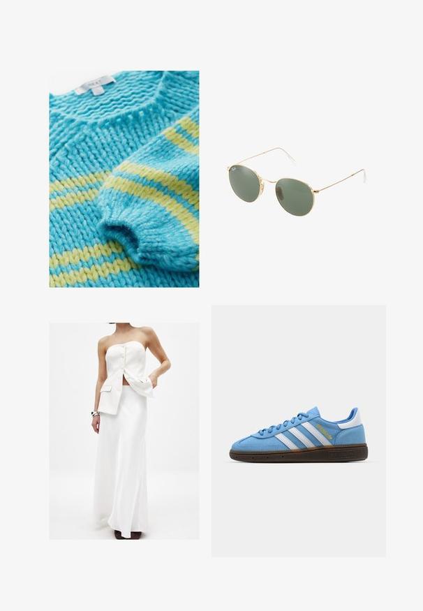Adīta džemperis ar teksturētu rakstu, kurā ir tirkīza un dzeltenas svītras. Smags diegs piešķir masīvu, ērtu izskatu.; Balta divdaļīgā apģērba komplekts ar bezplecu topu, kuram ir pogas un kabatas, apvienots ar garu, plūstošu svārku. Gluda auduma un tīras līnijas.; Gaiši zili zamšveidīgi sporta apavi ar baltām ādas strīpām, brūnu teksturētu zoli un zelta logotipu. Zema modeļa dizains ar noapaļotu purngalu.; Zelta metāla rāmis saulesbrillēm ar zaļiem stikliem, apaļa forma, plānas kājiņas un baltas plastmasas akcenti uz roku galiem.