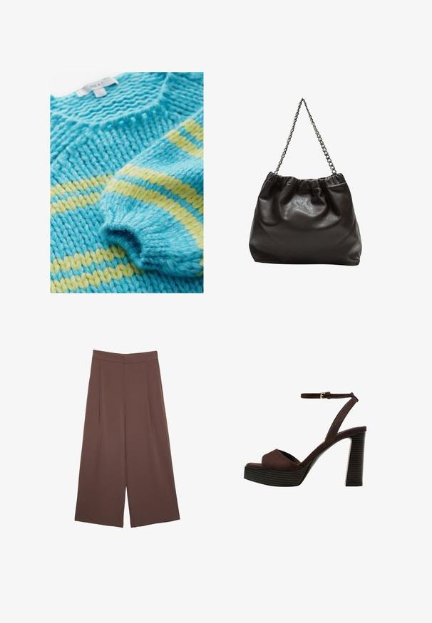 Maglione lavorato a maglia con un motivo testurizzato, caratterizzato da strisce turchesi e gialle. Il filato pesante conferisce un aspetto robusto e accogliente.; Pantaloni ampi marroni con una texture liscia, caratterizzati da una vita alta e pieghe frontali. Il tessuto è leggero e scorre liberamente.; Sandal in camoscio marrone con tacco alto, punta aperta, cinturino alla caviglia regolabile e suola a piattaforma striata.; Borsa in pelle marrone con parte superiore arricciata e tracolla a catena. Texture liscia con finitura lucida e dettagli di cucitura sottili sui lati.