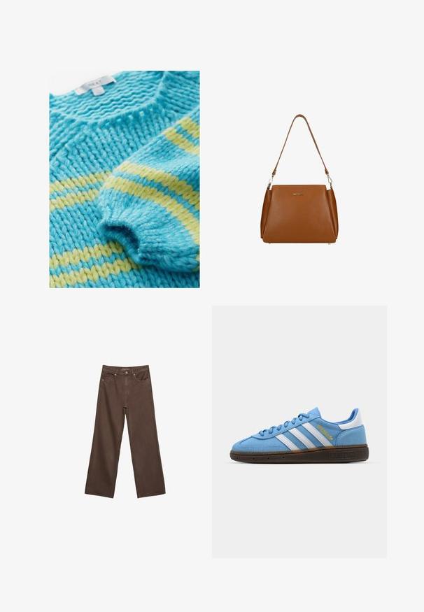 Pletený svetr s texturovaným vzorem, s tyrkysovými a žlutými pruhy. Těžká příze dodává robustní a útulný vzhled.; Hnědé džíny s širokými nohavicemi vyrobené z denimu, s vysokým pasem, předními kapsami a klasickým zapínáním na knoflík. Hladká textura s jemným švem.; Světle modré semišové tenisky s bílými koženými pruhy, hnědou texturovanou podrážkou a zlatým logem. Nízký design s zaoblenou špičkou.; Hnědá kožená kabelka s texturovaným povrchem, s jedním ramenním popruhem a decentním logem na přední straně. Disponuje strukturovaným designem.