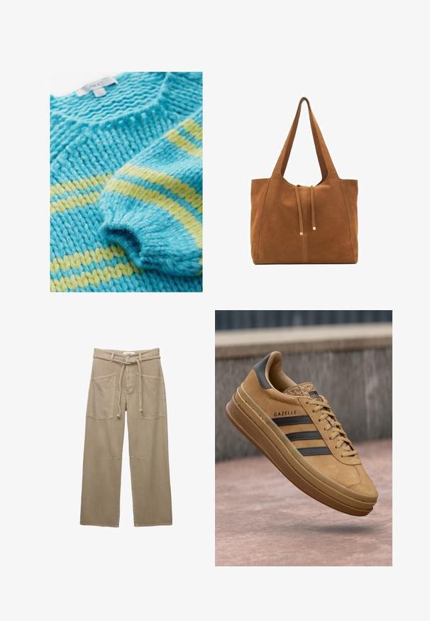 Pletený sveter s textúrovaným vzorom, s tyrkysovými a žltými pruhmi. Hrubá priadza dodáva robustný a útulný vzhľad.; Béžové nohavice s širokými nohavicami vyrobené z odolnej textílie, s veľkými prednými vreckami, vrkočovým opaskom a diskrétnymi švovými detailmi.; Svetlé semišové tenisky s hladkým povrchom, obsahujúce tri tmavé pruhy, zaoblenú špičku a hrubšiu podrážku so vzorovaným okrajom.; Hnedá semišová taška cez rameno s dvoma dlhými popruhmi, sťahovacou šnúrkou a minimalistickým dizajnom. Hladký povrch a žiadne viditeľné kovové doplnky.
