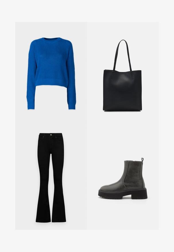 Noisy May NMMAYSA O NECK - Camisola - lapis blue; Jeans pretos de cintura alta com fecho de botão e zíper, bolsos frontais e pernas largas dispostos em cima de um fundo branco.; Botas de tornozelo pretas com um cabedal sintético liso, painéis laterais elásticos, uma alça de puxar e uma sola de borracha grossa.; Bolsa tote preta em couro com textura lisa, forma retangular e duas alças longas. Sem hardware ou enfeites visíveis.