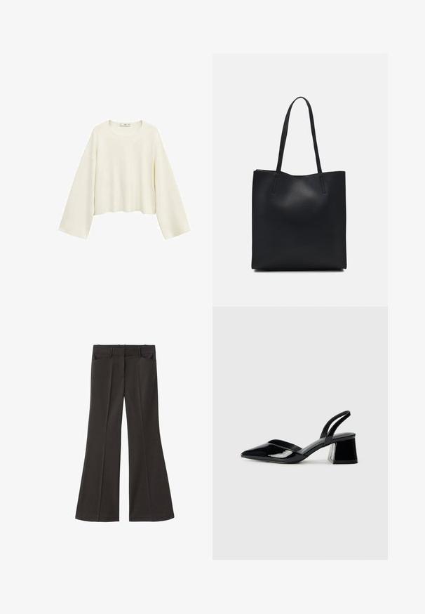 Przycięty top z długim rękawem z miękkiego kremowego materiału. Posiada okrągły dekolt i luźny krój z szerokimi rękawami, oferując minimalistyczny design.; Czarne spodnie z szerokimi nogawkami i wysokim stanem; posiadają dwie przednie kieszenie oraz gładką teksturę materiału. Idealne na różne okazje.; Czarne lakierowane półbuty na obcasie z wydłużonym noskiem i geometrycznym słupkiem. Charakteryzują się eleganckim, minimalistycznym designem oraz gładką fakturą.; Czarna skórzana torba tote o gładkiej fakturze, prostokątnym kształcie i dwóch długich uchwytach. Brak widocznych elementów metalowych i ozdób.