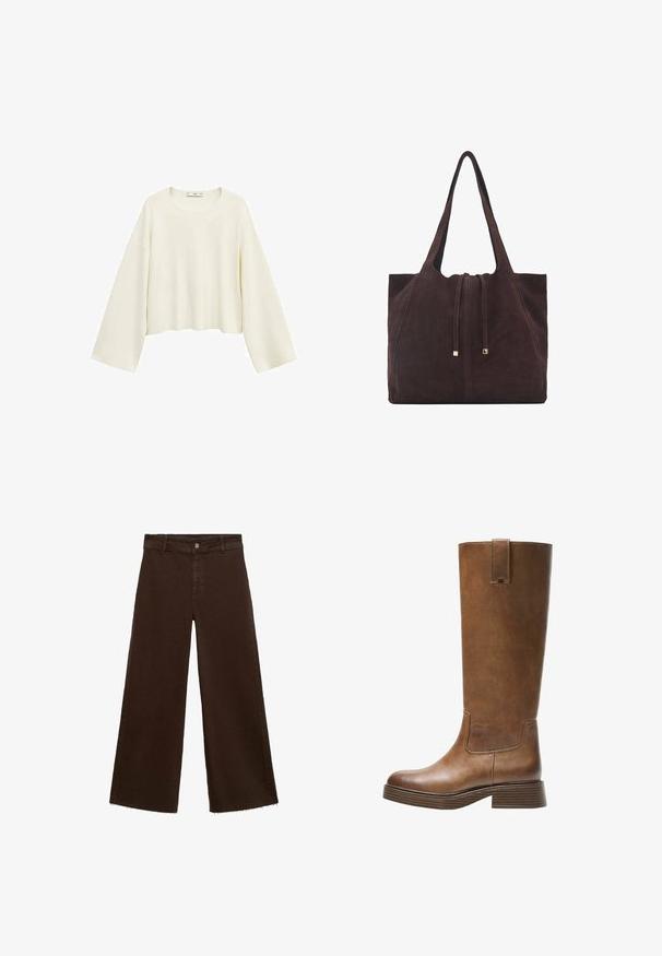 Korte langemouwen top in zachte crème stof. Heeft een ronde halslijn en een relaxte pasvorm met brede mouwen, wat zorgt voor een minimalistisch ontwerp.; Bruine wijde broek in katoenmix, met een rafelige zoom, sluiting met een knoop aan de voorkant en een klassieke vijf-pocketstijl. Minimalistisch en veelzijdig.; Bruine leren laars tot de knie met een ronde neus, gestructureerd oppervlak en een lage, gestapelde hak. Beschikt over een zijpaneel en een aantrektap aan de bovenkant.; Mango Shopper - dark brown