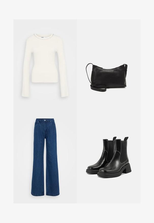 Rippent Weißer Pullover mit langen Ärmeln, figurbetontem Schnitt und verziertem Ausschnitt, der mit kleinen klaren Edelsteinen entlang des Kragens geschmückt ist.; Weite blaue Jeans mit hoher Taille, vorderem Knopf- und Reißverschlussverschluss sowie Vorder- und Hintertaschen vor einem schlichten Hintergrund.; Schwarze Leder Chelsea-Stiefel mit einem klobigen Absatz, elastischen seitlichen Einsätzen und kontrastierendem weißen Nähten. Strukturierte Oberfläche.; Schwarze Ledertasche für die Schulter mit glatter Textur, geschwungener Form, verstellbarem Tragegurt und Reißverschluss. Minimalistisches Design ohne Verzierungen.