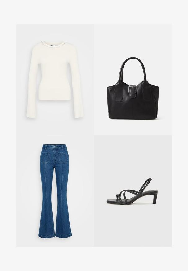 Pulover alb cu maneci lungi, cu un model texturat, având o siluetă ajustată și un guler decorat cu mici pietre cristaline dispuse de-a lungul colierului.; Jeans evazate albastre, din denim, cu talie înaltă, două buzunare pe spate și cusături pronunțate pe laturile cusăturii.; Sandal cu barete negre, cu vârf pătrat și toc mic de bloc. Prezintă mai multe barete subțiri și o bareta ajustabilă la gleznă. Fabricat din piele netedă.; Geantă tote din piele neagră cu textură netedă, formă structurată, două mânere și un detaliu proeminent din aliaj de argint pe partea din față.