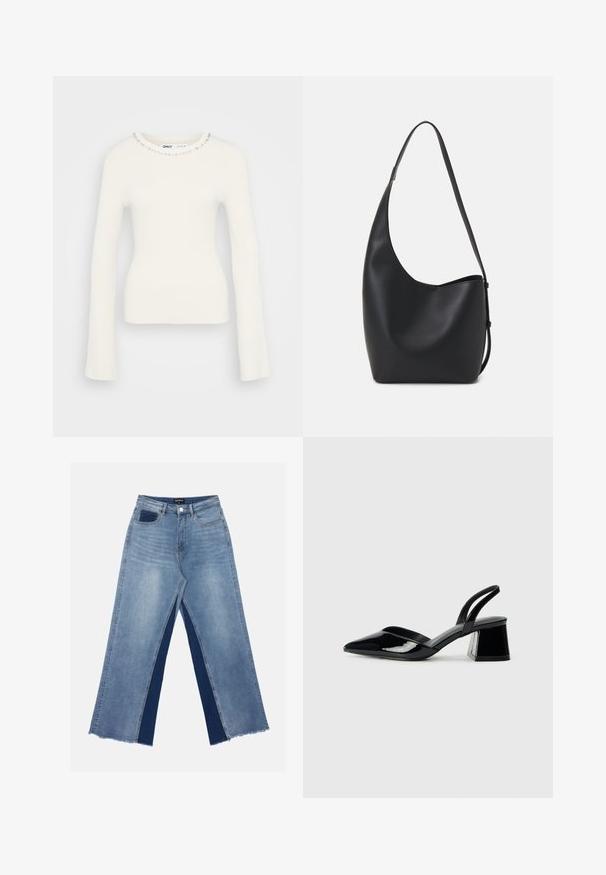 Biała, prążkowana, długosleeve sweter o dopasowanej sylwetce i ozdobnym dekolcie z małymi, przezroczystymi kamieniami wzdłuż kołnierza.; Jasnoniebieskie spodnie z szerokimi nogawkami z kontrastującymi ciemnoniebieskimi panelami, postrzępionymi końcówkami i standardowym stanem z metalowym zapięciem.; Czarne lakierowane półbuty na obcasie z wydłużonym noskiem i geometrycznym słupkiem. Charakteryzują się eleganckim, minimalistycznym designem oraz gładką fakturą.; Czarna skórzana torba hobo o gładkiej fakturze, zaokrąglonym kształcie i pojedynczym, regulowanym pasku; posiada szerokie otwarcie na górze.