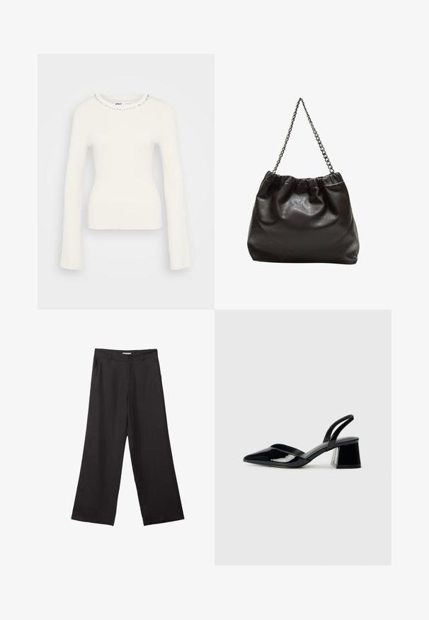 Rebrast pulover z dolgimi rokavi v beli barvi z prilegajočo silhueto in okrašenim izrezom, ki vsebuje majhne prozorne dragulje po ovratniku.; Črne široke hlače iz gladkega materiala, z sprednjim zadrgo in dvema stranskima žepoma, s prilagojenim krojem in minimalističnim dizajnom.; Črne lakirane slingback pete s koničastim nosom in geometrijsko blokasto peto. Imajo eleganten, minimalističen dizajn in gladko teksturo.; Rjava usnjena torba z nabranim vrhom in verižnim trakom. Gladka tekstura z sijajno površino in subtilnimi šivi na straneh.