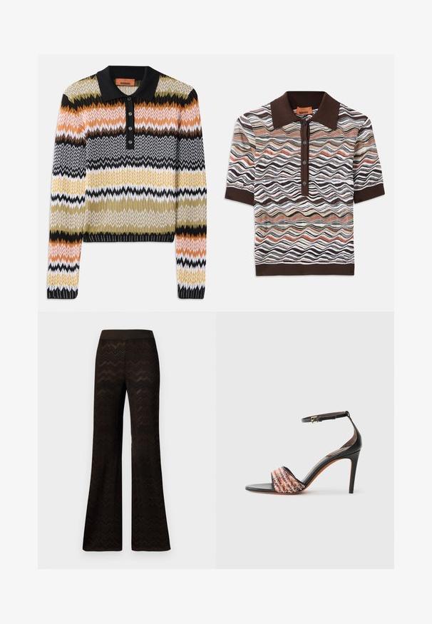 Többszínű zig-zag mintás kötött polo pulóver, fekete gallérral és gombos zárással. Puha tapintású, hosszú ujjú, bordás mandzsettákkal.; Barna színű galléros polo póló, hullámmintával, barna, krém és terrakotta árnyalatokban; öt gombos nyitás; rövid ujjú.; Széles szárú fekete nadrág, zigzag kötött mintával és rugalmas derékpánttal, egyszerű fehér háttér előtt.; Fekete sarkú szandál bokapánttal. Az orrán egy textúrált, multiszínű szövetcsík található. Simára csiszolt bőr felső.