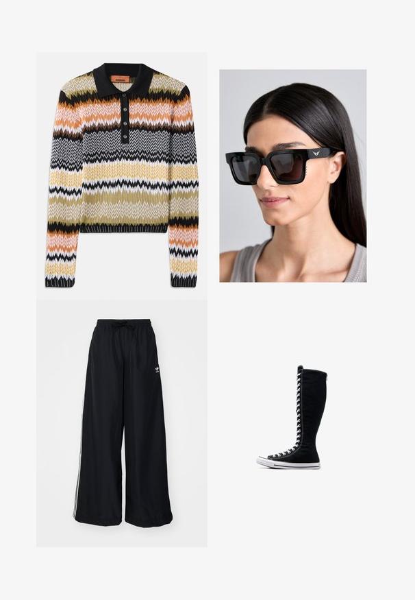 Pletený polo sveter s viacfarebným zigzag vzorom, so čiernym golierom a gombíkovou légou. Mäkko na dotyk, s dlhými rukávmi a rebrovanými manžetami.; Čierne široké nohavice vyrobené z ľahkého materiálu. Majú elastický pás s šnúrkou a biele bočné pruhy. Logo značky na boku.; Čierne vysoké tenisky s vysokým dizajnom, vyrobené z plátna. Majú biele šnúrky, švy a gumovú podrážku s ochranným krytom na špičke.; Čierne nadmerné slnečné okuliare so štvorcovými rámami, tmavými sklami a nenápadným detailom loga krídla na stranici. Majú textúrované akcenty na bokoch.; Čierna kožená kabelka s zakriveným dizajnom, doplnená striebornými cvočkami, prackou a dvoma bočnými vreckami. Nastaviteľný popruh poskytuje rôzne možnosti nosenia.