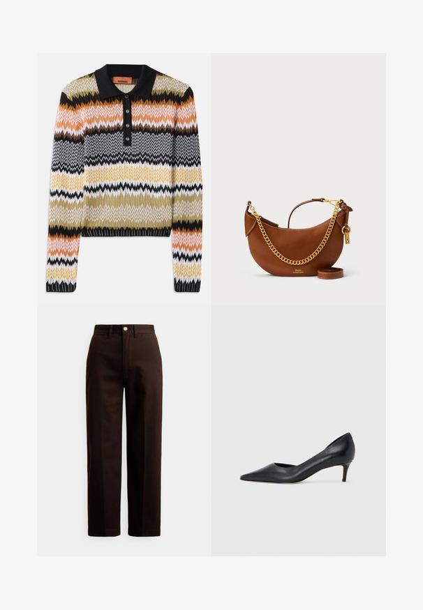 Polo de malha em padrão zig-zag multicolorido, com colarinho preto e tapete de botão. Textura suave com mangas longas e punhos canelados.; Calças castanho-escuro de perna reta com fecho de botão e fecho éclair, passantes para cinto e bolsos frontais contra um fundo branco.; Sapato de salto alto preto em pele com bico fino e salto baixo. Apresenta uma textura suave e brilho subtil. Corte aberto na parte da frente para um detalhe adicional.; Bolsa de mão de couro castanho com um design curvado, alça de corrente dourada, bolso interior e uma alça de ombro destacável. Apresenta costura em contraste.