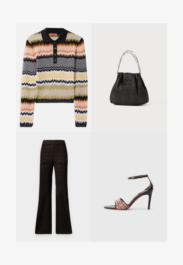 Pletený polo svetr v mnohobarevném zigzagovém vzoru, s černým límcem a knoflíkovou légou. Měkká textura s dlouhými rukávy a žebrovanými manžetami.; Široké černé kalhoty s pleteným vzorem ve tvaru zigzagu a elastickým pasem, vystavené na čistém bílém pozadí.; Černé sandály na podpatku s páskem kolem kotníku. Mají texturovaný, vícebarevný pruh látky přes prsty. Hladký kožený povrch.; Černá texturovaná kabelka s rybincovým vzorem, skládáním a kovovým řetízkovým držadlem. Měkká tkanina nabízí elegantní vzhled.