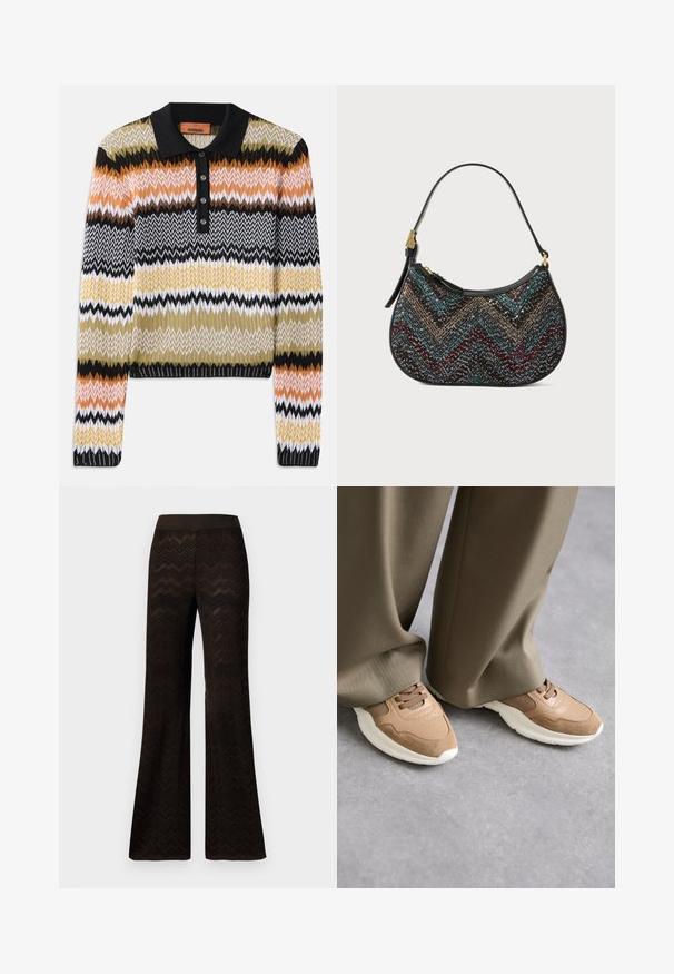 Pleteni polo pulover v večbarvnem zigzag vzorcu, z črnim ovratnikom in gumbnim zapenjanjem. Mehka tekstura z dolgimi rokavi in rebrastimi manšetami.; Široke črne hlače z zigzag pletenim vzorcem in elastičnim pasom, prikazane na enobarvni beli podlagi.; Rjave športne čevlje z mešanico gladke usnjene in mrežaste tkanine, z belo gumijasto podplatom in subtilnimi perforacijskimi detajli.; Črna torbica s ukrivljeno obliko, ki ima večbarvni črto vzorec in kovinsko nit. Ima usnjeni trak in zlate dodatke.